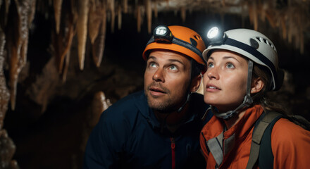 Young caucasian male and female exploring a cave with helmets and headlamps