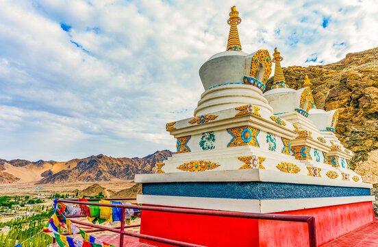 Spituk Monastery, Ladakh, India. Tibetan Buddhist Stupas containing holy relics outside monastery.