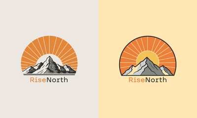 Mountain Logo with Rising Sun — Minimal Line Art in Earthy Tones on White Background