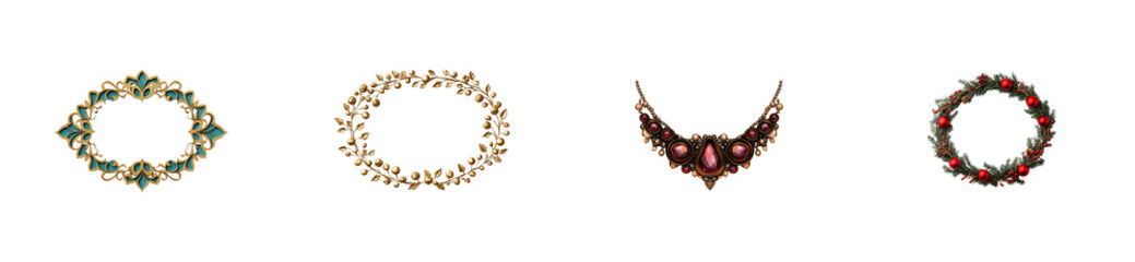 Decorative jewelry elements and floral wreaths isolated, cut out transparent