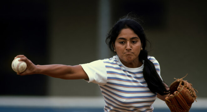 Hispanic young female baseball player pitching with focused expression on field
