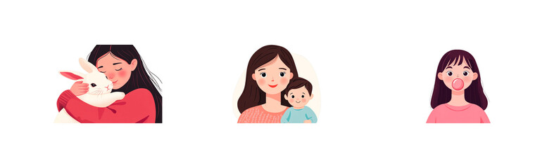 People with pets portraits and bubble gum girl, cut out transparent
