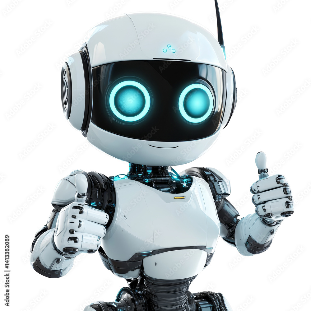 Poster friendly ai robot giving a thumbs up against a clean transparent background, friendly ai robot with 
