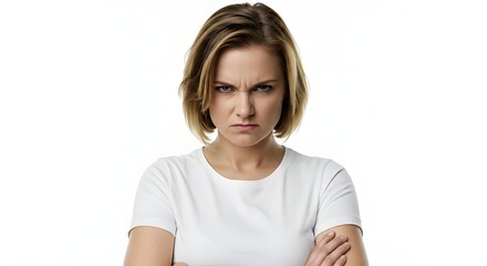 Fototapeta premium A woman's serious facial expression portrays intense emotions and a sense of displeasure.