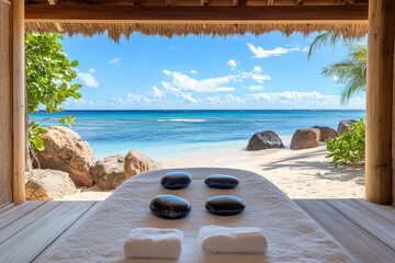 Obraz na płótnie Canvas Massage table with hot stones overlooking a tropical beach and ocean view from a spa room setting
