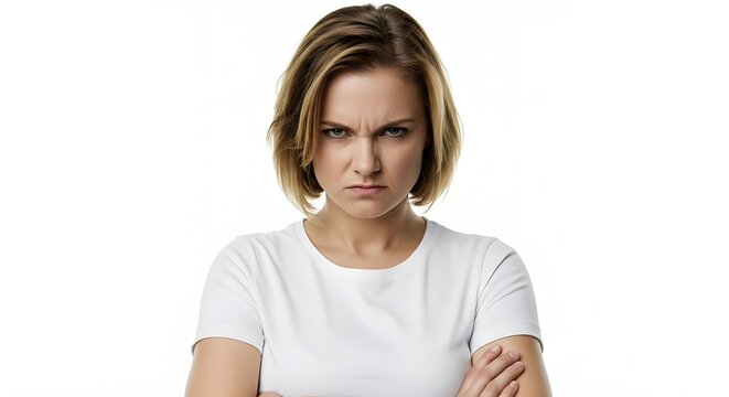 A woman's serious facial expression portrays intense emotions and a sense of displeasure.