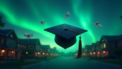 A graduation cap’s tassel becomes a flowing aurora borealis, glowing against a twilight campus. HD starry sequins and floating diplomas complete the scene.