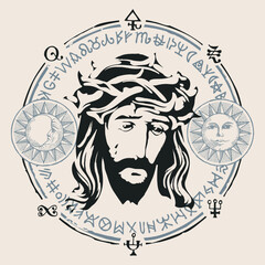 Hand drawn portrait of crying Jesus Christ wearing a crown of thorns with the Sun, Moon, alchemical and masonic symbols. Abstract vector banner on a religious theme. No AI used. T-shirt design