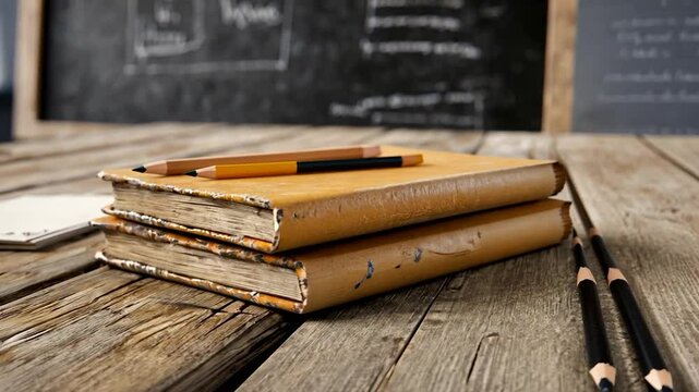 Stacked leather-bound books with pencils on a rustic wooden table in a classroom setting