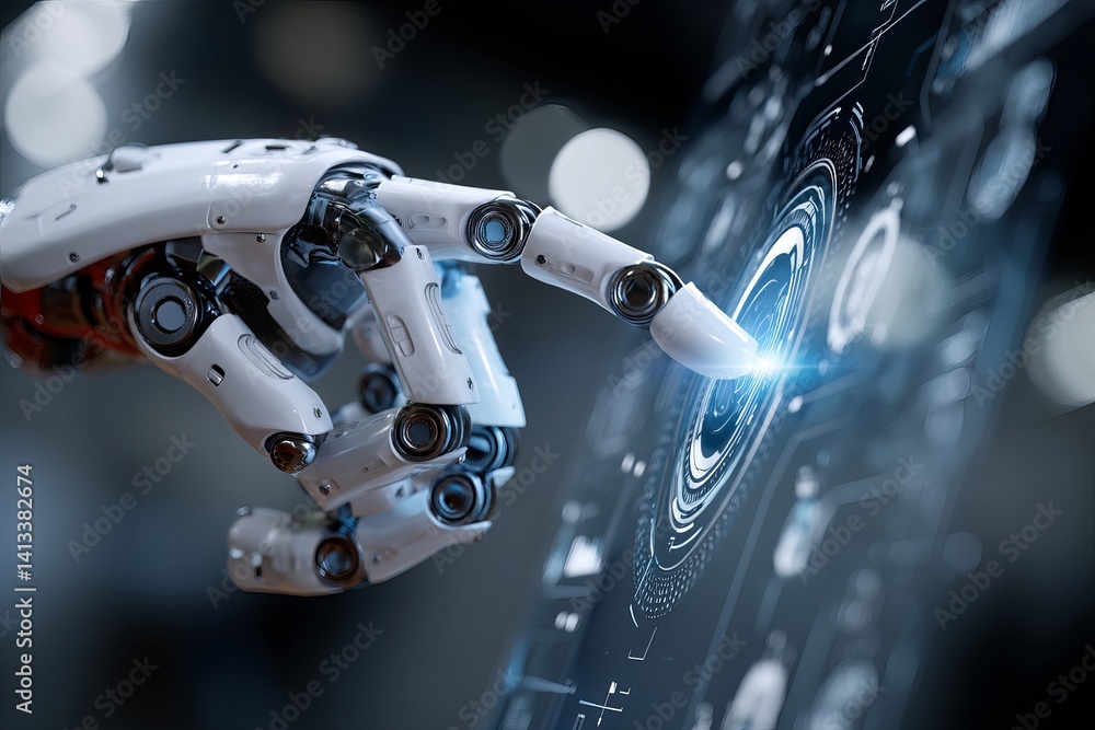 Poster robot hand interacting with digital interface showing futuristic technology and data visualization
