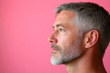 Obraz premium Chic men's side part haircut - midlife white man with grey hair. A gentle and elegant man with a warm presence. Conceptual art of style for aging men. Pink solid background.