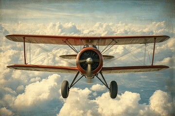 A vintage biplane is flying high through the cloudy blue sky