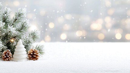 Obraz premium Snowy winter scene with evergreen tree and pine cones peaceful holiday background