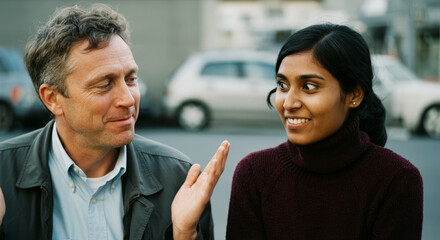 Obraz premium Caucasian male and asian female adults engaged in outdoor conversation