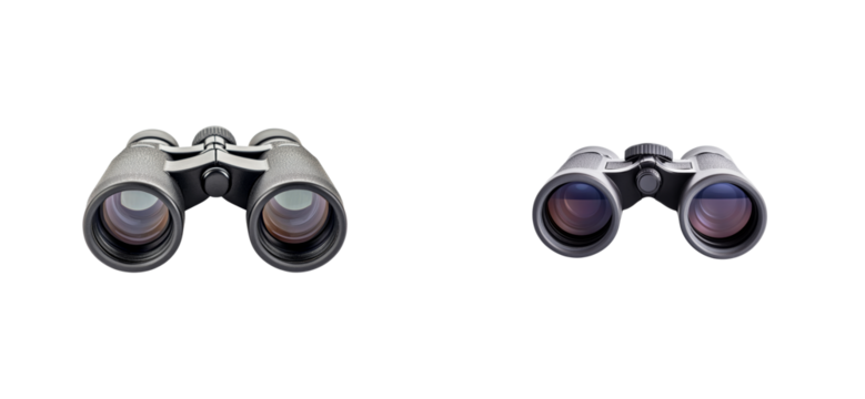 Binoculars optical instrument on black, vision equipment, observing, cut out transparent