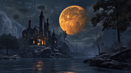 Enchanted Castle by a Lake Under a Large Orange Moon at Night