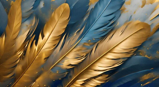 An abstract artistic background featuring feathers blue and gold brushstrokes Oil on canvas 4K