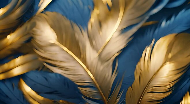 An abstract artistic background featuring feathers blue and gold brushstrokes Oil on canvas 4K
