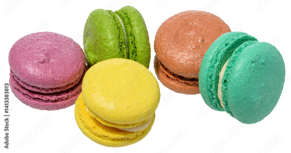 Poster an assortment of colorful macarons, isolated background. dessert have a smooth, delicate shell and a