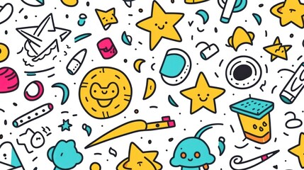 Cartoon Space Doodle Pattern with Stars, Planets, Rockets, and Friendly Aliens