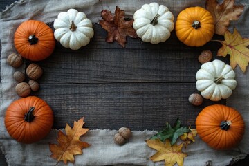 Fototapeta premium Pumpkins, Walnuts and Autumn Leaves on Rustic Wood Texture Background