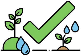 Green check with sprout and water drops
