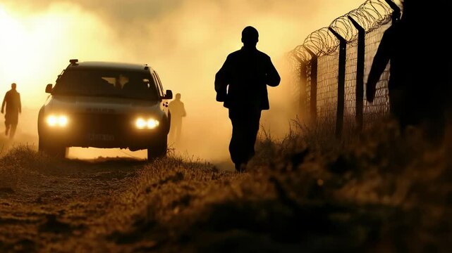 Fence vision: barbed enclosure, limit marker, no-passage trace, migration edge, restriction field, exile sign, perimeter tension, crossing alert, asylum warning, expulsion barrier, border threat.