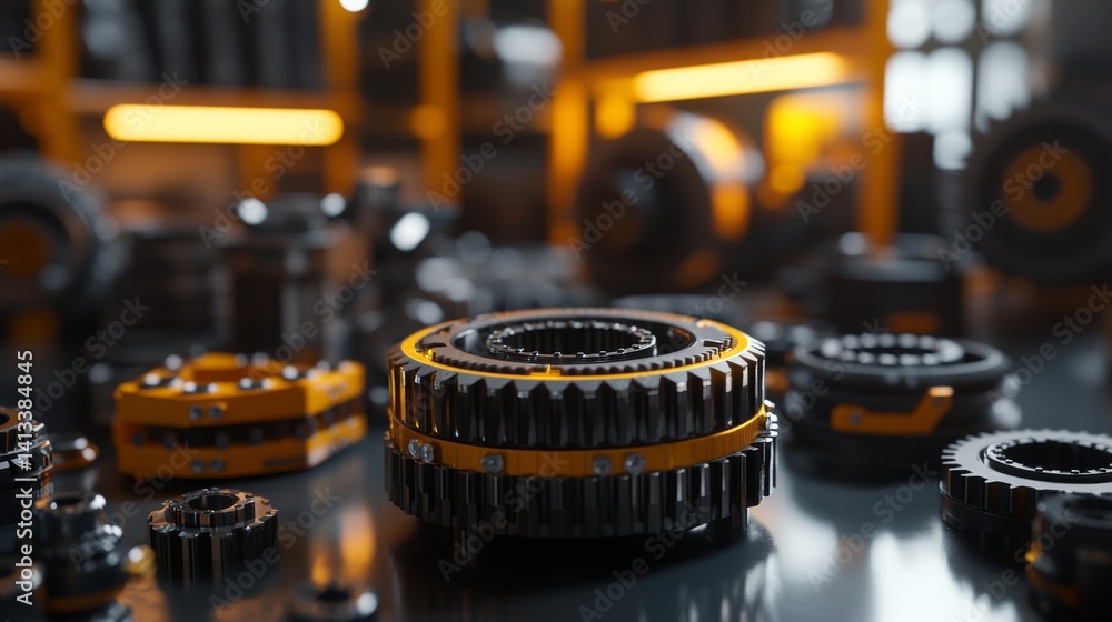 Poster a sophisticated automotive production line highlighting the assembly of engine parts utilizing robot