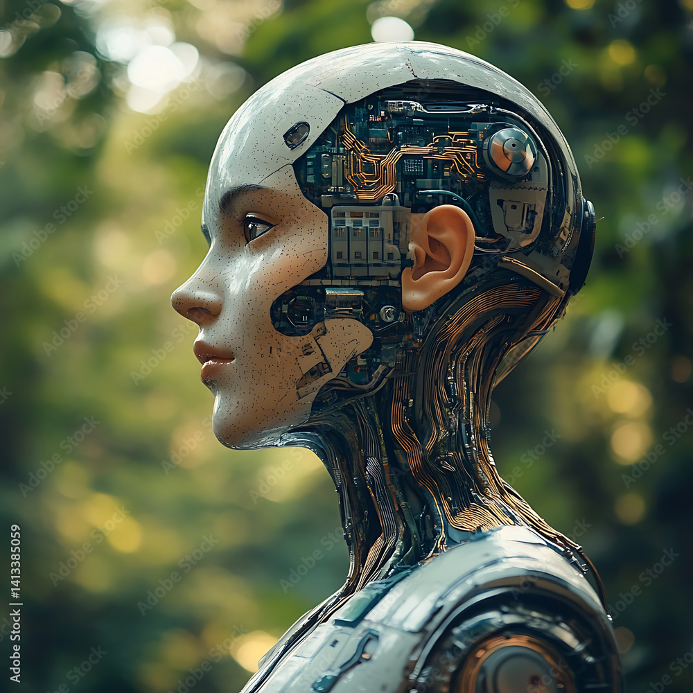 Poster futuristic humanoid robot with transparent head showcasing intricate circuitry and technology, set a