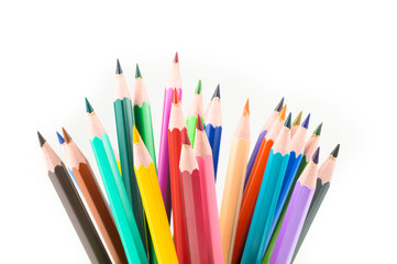 Crayons, colorful dry painting pencils isolated on white background, back to school art design