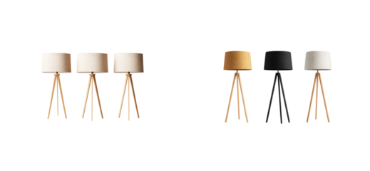 Stylish modern lamps with tripod legs on transparent background
