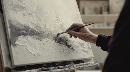 Artist painting a canvas in an art studio. Featuring artistic creation and painting techniques