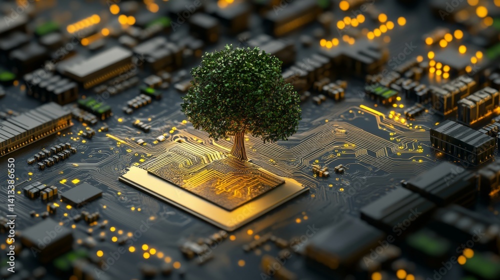 Poster the digital tree, resplendent with luminosity, has its roots entwined with streams of data, embodyin