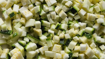 Close up of diced courgette. Freshly copped zucchini.