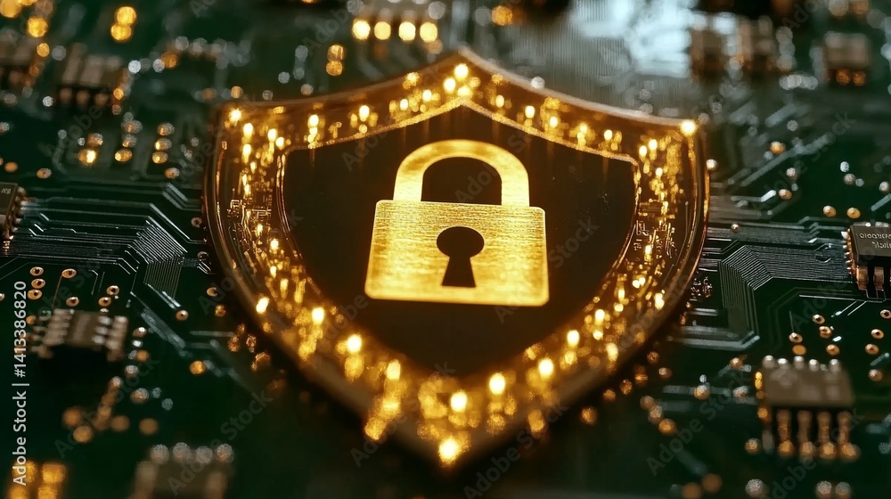Poster a luminous shield encircled by secure codes and digital locks, embodying the protection of sensitive