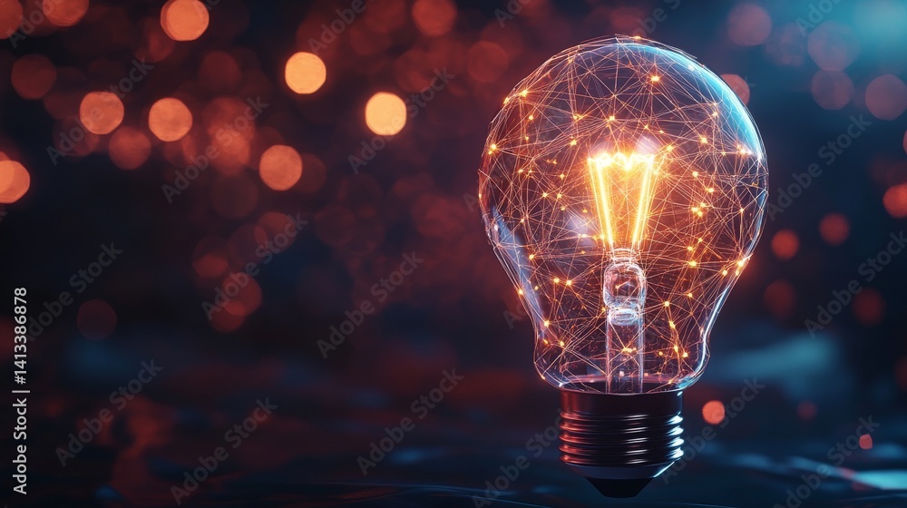 Poster the fusion of creativity and technology is symbolized by a light bulb that glows and features digita
