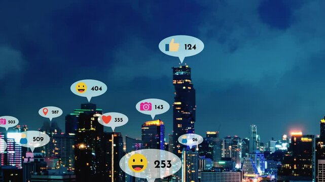 Social media icons fly over city downtown showing people reciprocity connection through social network application platform . Concept for online community and social media marketing strategy .