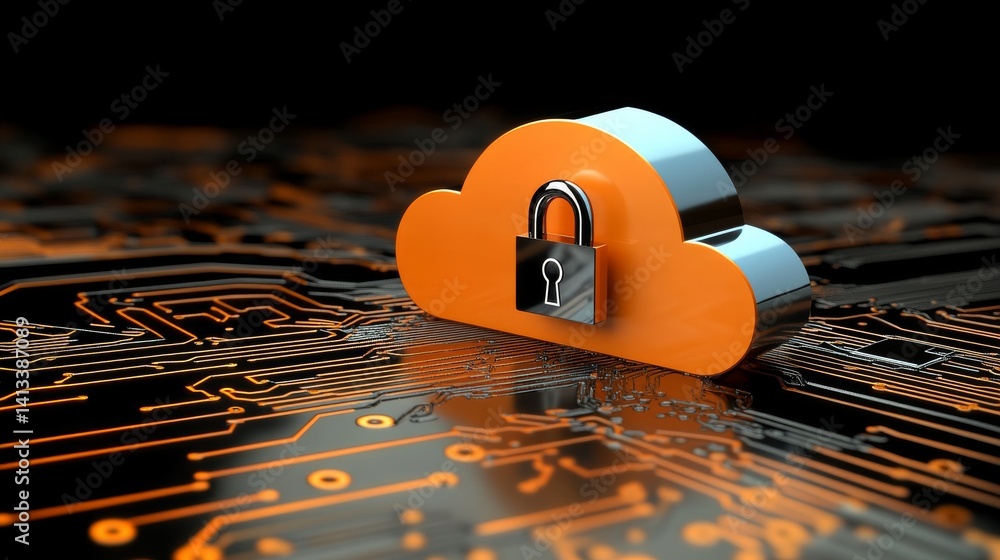 Poster a glowing cloud accompanied by a digital lock represents the safety and security of data in cloud co