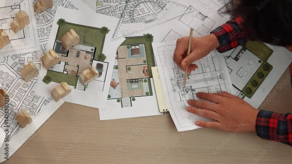 Poster architect and safety engineer discussion about building construction use blueprint on table with arc