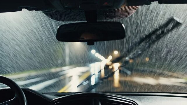 Driving a car at night in heavy rain
