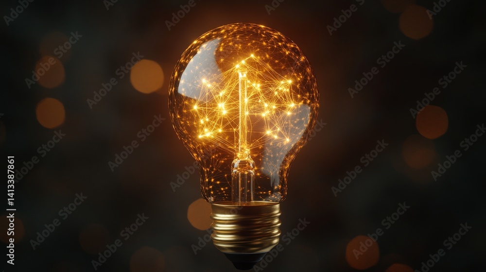 Poster the image of a radiant brain incorporating a light bulb and surrounded by digital nodes embodies the