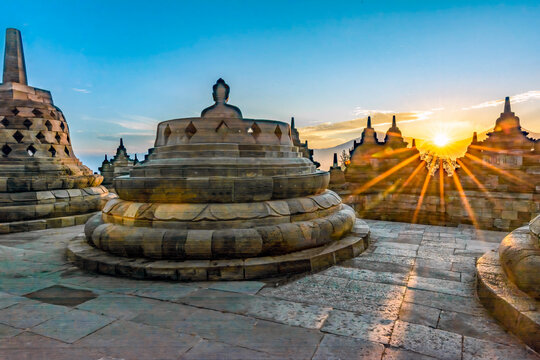 Java, Indonesia. Sunrise over Borobudur Temple, the largest Buddhist Temple in the world.