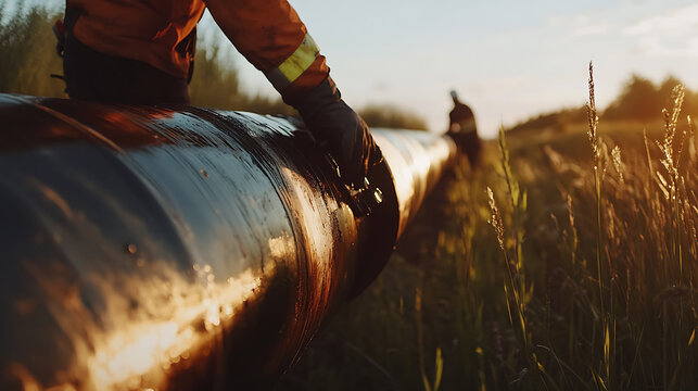 Pipeline technician repairing a leak in an oil pipeline at a field station. Featuring leak repair