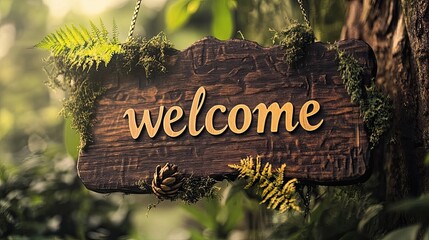 Rustic Wooden Welcome Sign Hanging in Lush Green Forest