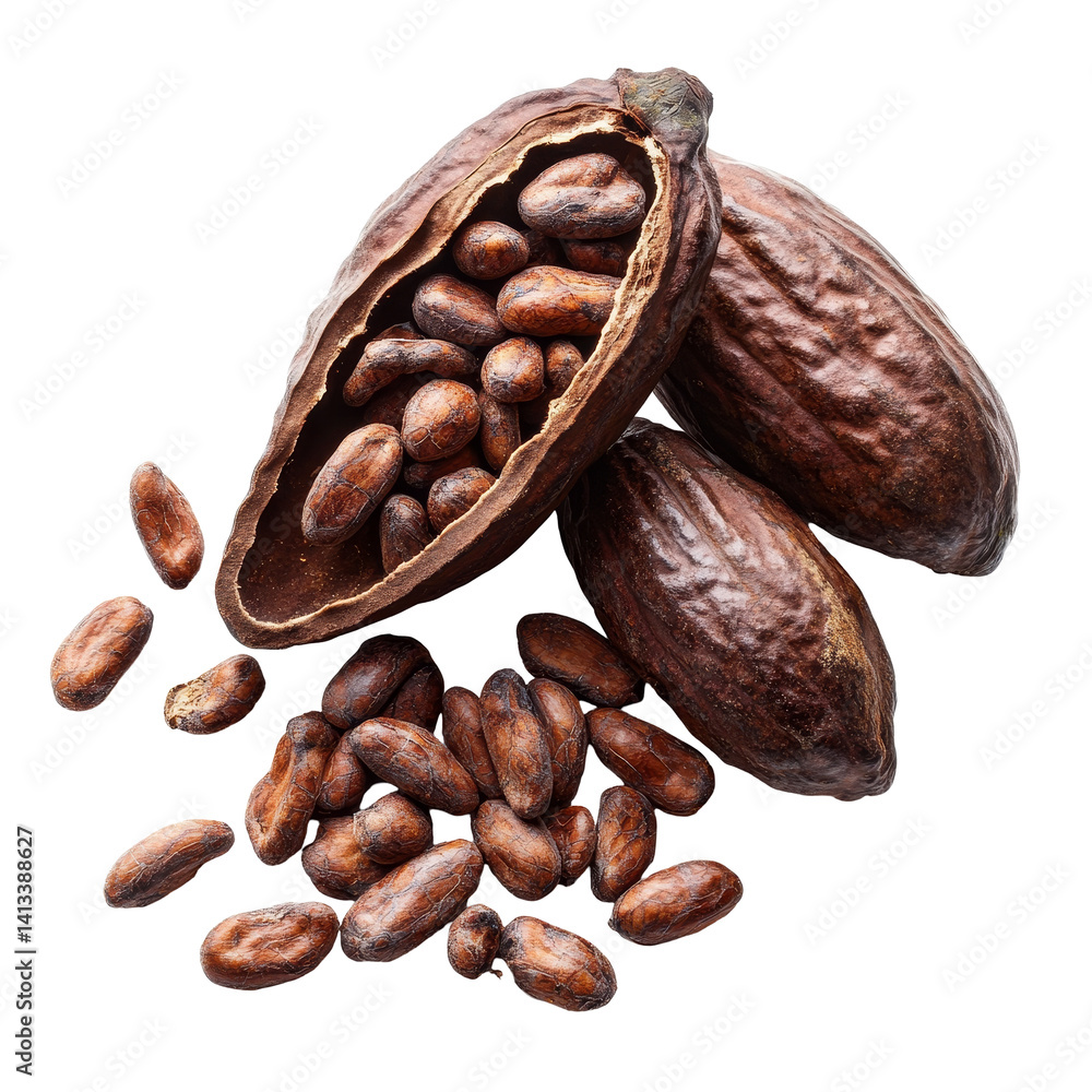 Poster Cocoa beans and pods arranged on a bright transparent background showcasing their rich texture and color, Cocoa beans isolated on transparent background