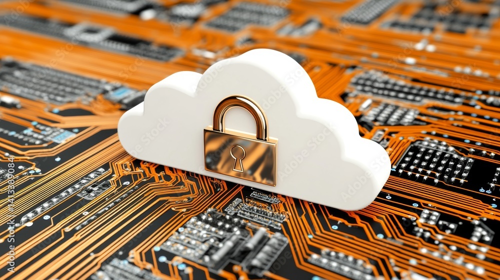 Poster a digital lock and shield securing a cloud, signifying powerful protection for data stored in the cl