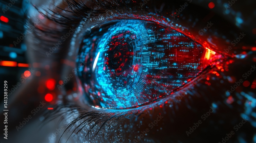 Poster an image of a glowing, abstract eye with digital patterns embodies the concept of vigilance and cons