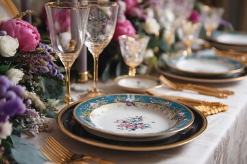 Elegant table setting with floral centerpiece and gold rimmed glassware and decorative plates set up nicely