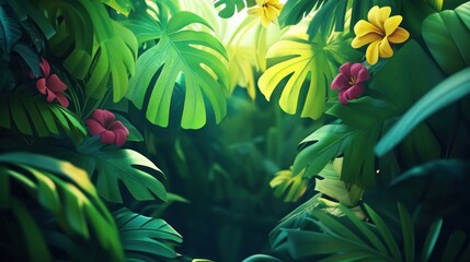 Lush Tropical Foliage and Vibrant Flowers Creates a Serene Jungle Backdrop
