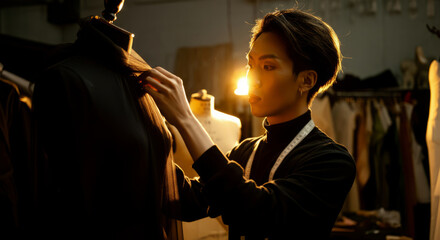Asian young male fashion designer in studio adjusting dress with evening lighting